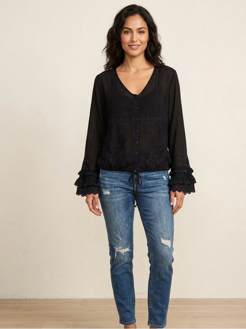 Johnny Was Black Embroidered Lace Blouse Boho Ruffle Sleeve Tie Hem Medium M - Picture 2 of 13